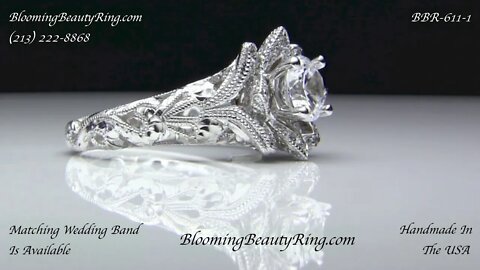 Diamond Embossed Blooming Rose Engagement Ring with Etched Carvings Item Number BBR 611-1