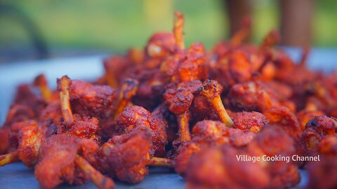 CHICKEN LOLLIPOP | Fried Chicken Recipe Cooking & Eating In Village | Chicken Wings Recipe Making