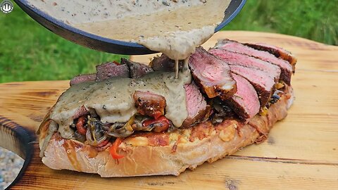 A giant XXXL SIRLOIN sandwich only for true food lovers(ASMR Cooking, Beef, NATURE, CAMPING)