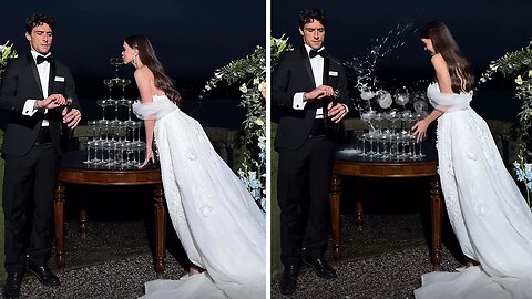 Bride accidentally knocks over the champagne tower in an adorable way
