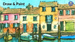 Line and Wash Watercolor tutorial for beginners: Murano (Draw and paint along demonstration)
