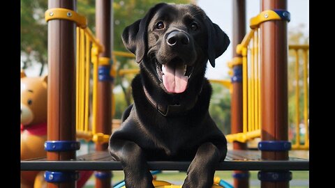 A black lab loves the playground