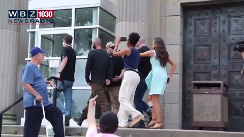 Antifa protester near West Roxbury Courthouse in Boston