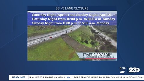 All I-5 Southbound lanes closed Sunday night due to land sliding