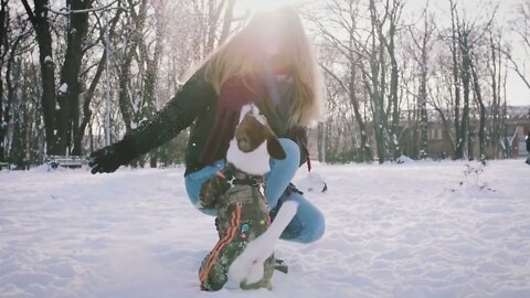 Young woman playing with Jack Russell terrier in winter time in snow, slow motion