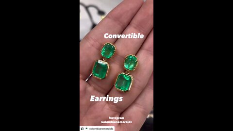 Stunning Convertible Colombian emerald cushion and emerald cut dangle earrings in 18K gold