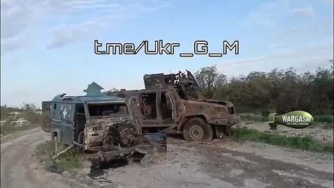 Soldier records burned-out MRAPs and wrecked Land Rover in Lisichansk