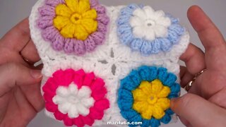 How to crochet and join popcorn flower in square simple tutorial by marifu6a