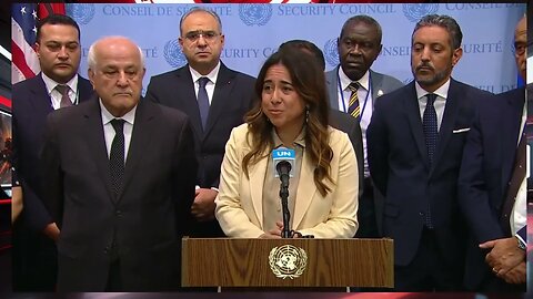 Representative of the state of Palestine addresses the media after the resolution was adopted