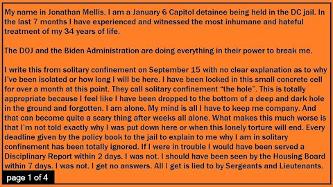 Jonathan Mellis solitary confinement letter