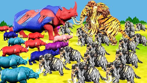 20 Zombie Rhinos Vs 20 Woolly Tiger Mammoths Ultimate Animal Revolt Epic Battle To Save Cow family