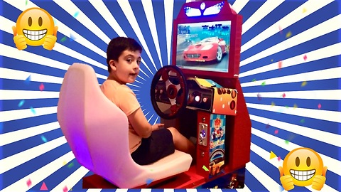 OutRun Arcade Machine Play with Young Gamer