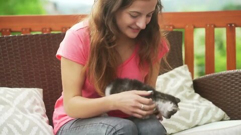 Girl playing with cute kitty on the terrace