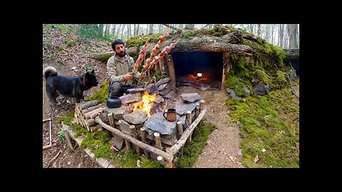 Building a WOOD and ROCK SHELTER for 3 Days SURVIVAL. Fireplace, Quail Cooking. BUSHCRAFT Camping.