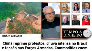 China reprime protestos, chuva intensa no Brasil e tensão nas Forças Armadas. Commodities caem