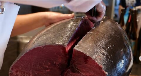 Japanese Food - GIANT BLUEFIN TUNA FISH CUTTING Sashimi Bowl Tokyo Japan