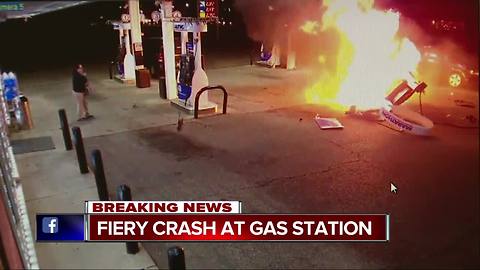 Fiery explosion caught on video when out of control car slams into gas pump