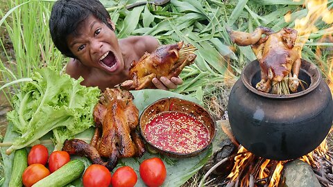 Primitive Technology - Kmeng Prey - Cooking Chicken In Clay Pot