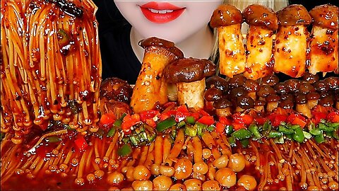 ASMR SPICY MUSHROOM FEAST 🍄ENOKI MUSHROOM, KING OYSTER MUSHROOM Mukbang Eating sounds