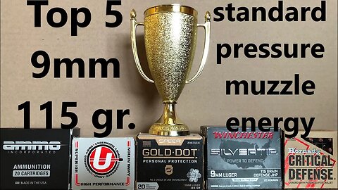 Top Five Most Powerful 9mm 115 gr Standard Pressure rounds for Muzzle Energy in short barrel pistols