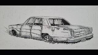 Drawing an Abandoned Car in Ink on Watercolor Paper