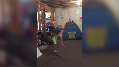 A Little Boy Makes Armpit Fart Sounds While Jumping On A Pogo Stick