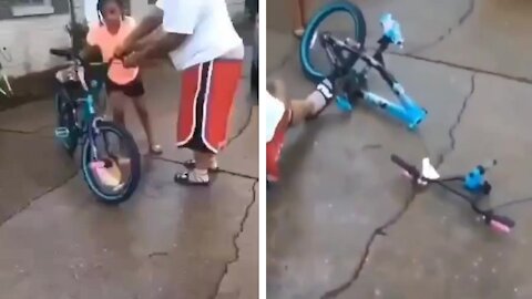 Fat guy sits on his daughter's bicycle and break it in two Piece
