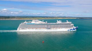 Princess Cruises Enchanted Princess ship, Southampton 01/07/2022 4k drone footage from Calshot beach