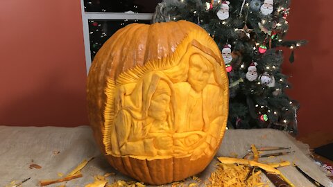 Squashcarver Christmas 'Holy Family' Jesus, Mary, and Joseph pumpkin carving time-lapse