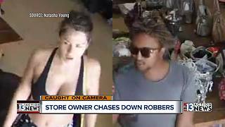 Store owner seen on surveillance camera chasing down thieves