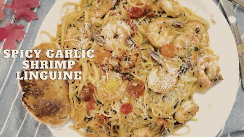 I cooked spicy garlic shrimp linguine today./ 蒜頭蝦仁辣麵