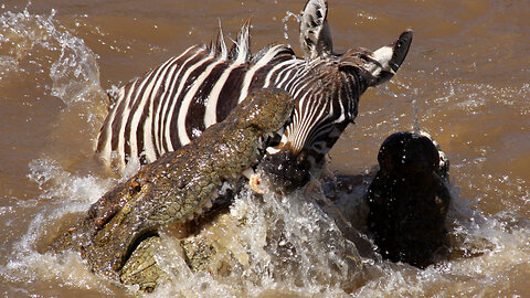 Crocodile attacks, lion, zebra, brutal wild animals fight to death.