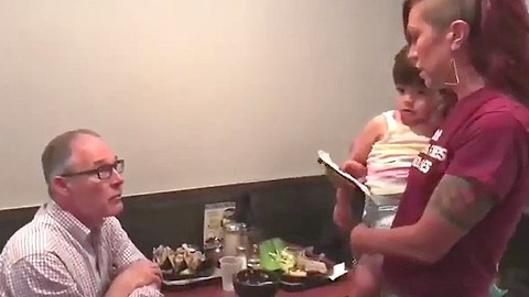 Crazed woman confronts EPA boss Scott Pruitt in restaurant.