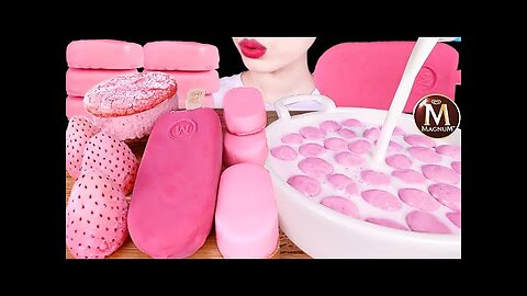 ASMR MUKBANG｜PINK ICE CREAM, MAGNUM, CHOCOLATE, MALTESERS, FROZEN FRUITS 핑크색 디저트 EATING SOUNDS 먹방