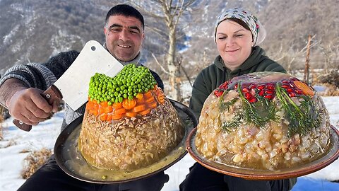 Frozen Soup cooked in Snowy Mountains! Jelly with Meat