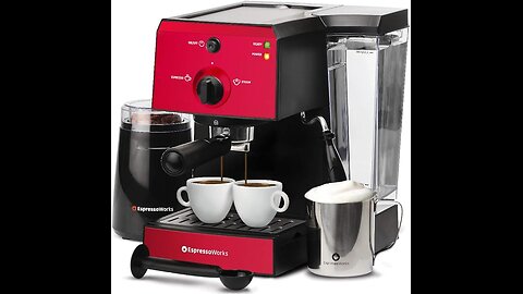 EspressoWorks All-In-One Espresso Machine with Milk Frother 7-Piece Set - Cappuccino Maker Includes Grinder, Frothing Pitcher, Cups, Spoon and Tamper - Coffee Gifts (Red)