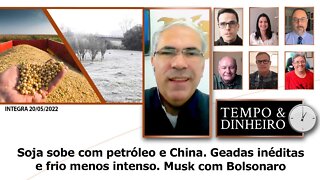 Soja sobe com petróleo e China. Geadas inéditas e frio menos intenso. Musk com Bolsonaro