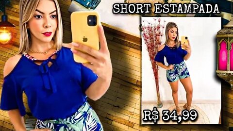 Shorts Feminino Estampado Tropical Moda Verão/ shopee