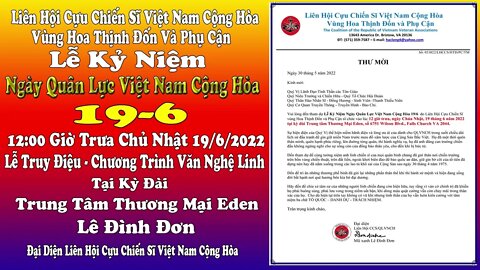 Thông Báo Lễ Kỷ Niệm 19 6 Ngày Quân Lực Việt Nam Cộng Hòa Eden Center Ngày 19/6/2022 Lúc 12:00 Trưa.