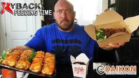 Ryback Feeding Time: Daikon Golden State Sushi Rolls with Sesame Chicken & Broccoli & Black Rice