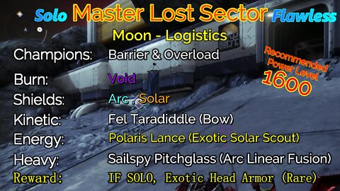 Destiny 2 Master Lost Sector: Moon - K1 Logistics on my Warlock Solo-Flawless 10-22-22