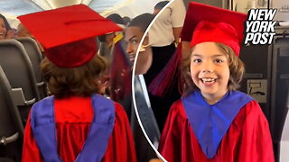 Kid who missed kindergarten graduation walks airplane aisle instead