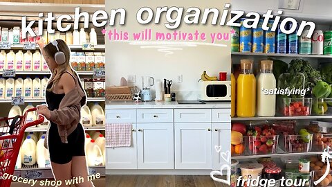 ORGANIZE MY KITCHEN WITH ME 🌱 grocery shopping + fridge organization! *aesthetic/pinterest inspired*