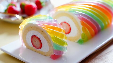 Rainbow Jelly Roll Cake 🌈 / Strawberry Roll Cake / Amazing cake / Cup measure | MEO G