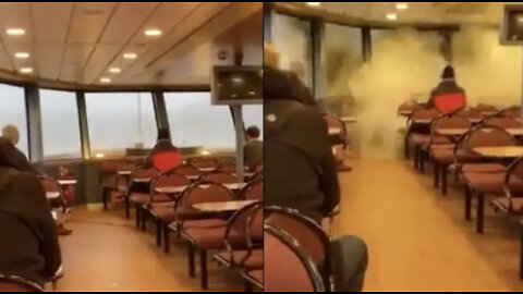 Footage shows the moment huge waves smashed the windows of a ferry in Germany