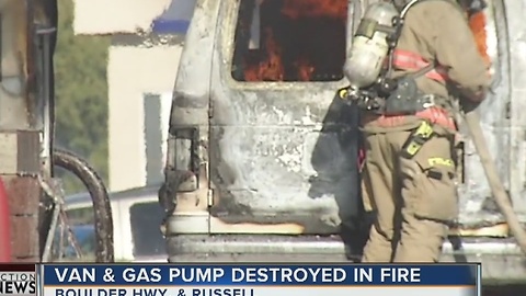 Van catches fire at gas station