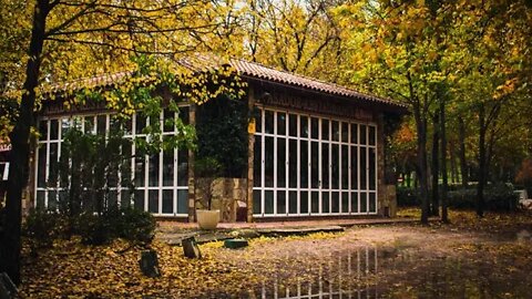 Autumn rain on a restaurant in the park Casa de Campo in Madrid