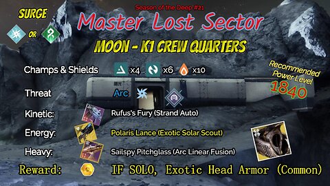 Destiny 2 Master Lost Sector: Moon - K1 Crew Quarters on my Arc Warlock 6-4-23