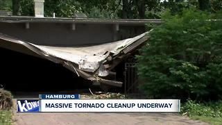 Massive cleanup in Hamburg after tornado causes widespread damage.