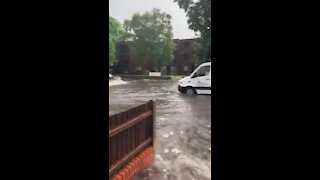Stratford Road in the UK resembles a river after extreme flooding
